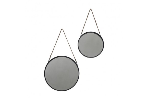 Wall Mirror with Hanging Strap - Black (Set of Two)