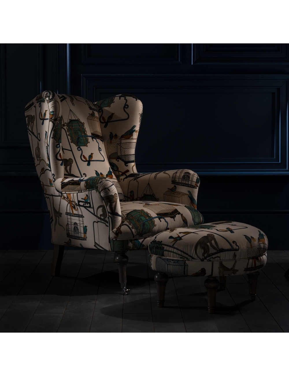 Kensington wing chair in quirky printed linen from ANNA MORGAN (London)