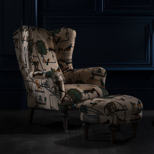 Kensington wing chair in quirky printed linen from ANNA MORGAN (London)