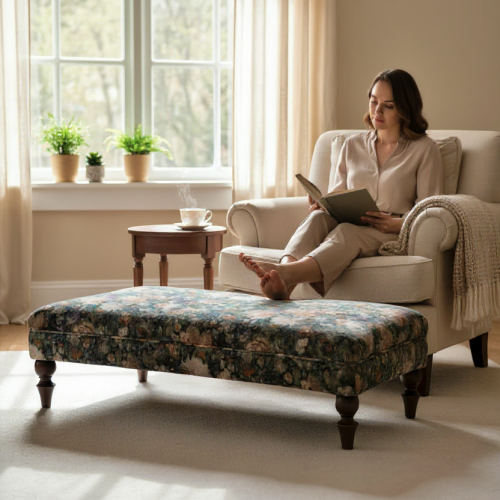 Kensington footstool on turned wood leg in GP & J velvet